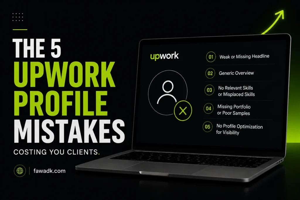 Upwork profile mistakes that cost freelancers clients — checklist graphic by Fawad Khan
